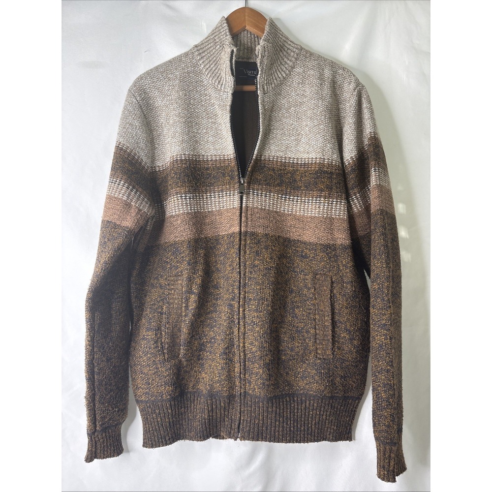 Visitor Premium Men L Full Zip Knit Cardigan Earth Tone Brown Colorblock Grandpa